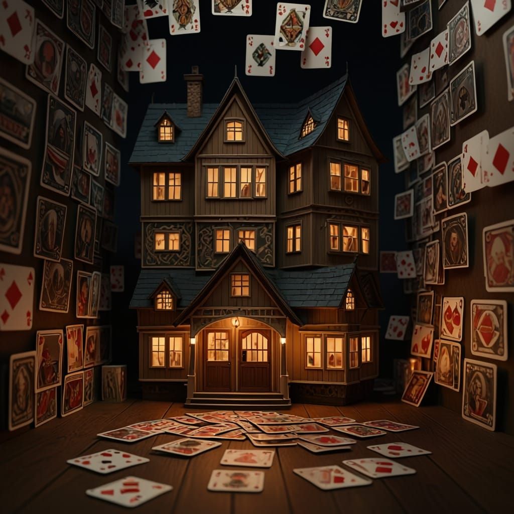 Realistic House Made of Face Cards with Cinematic Lighting