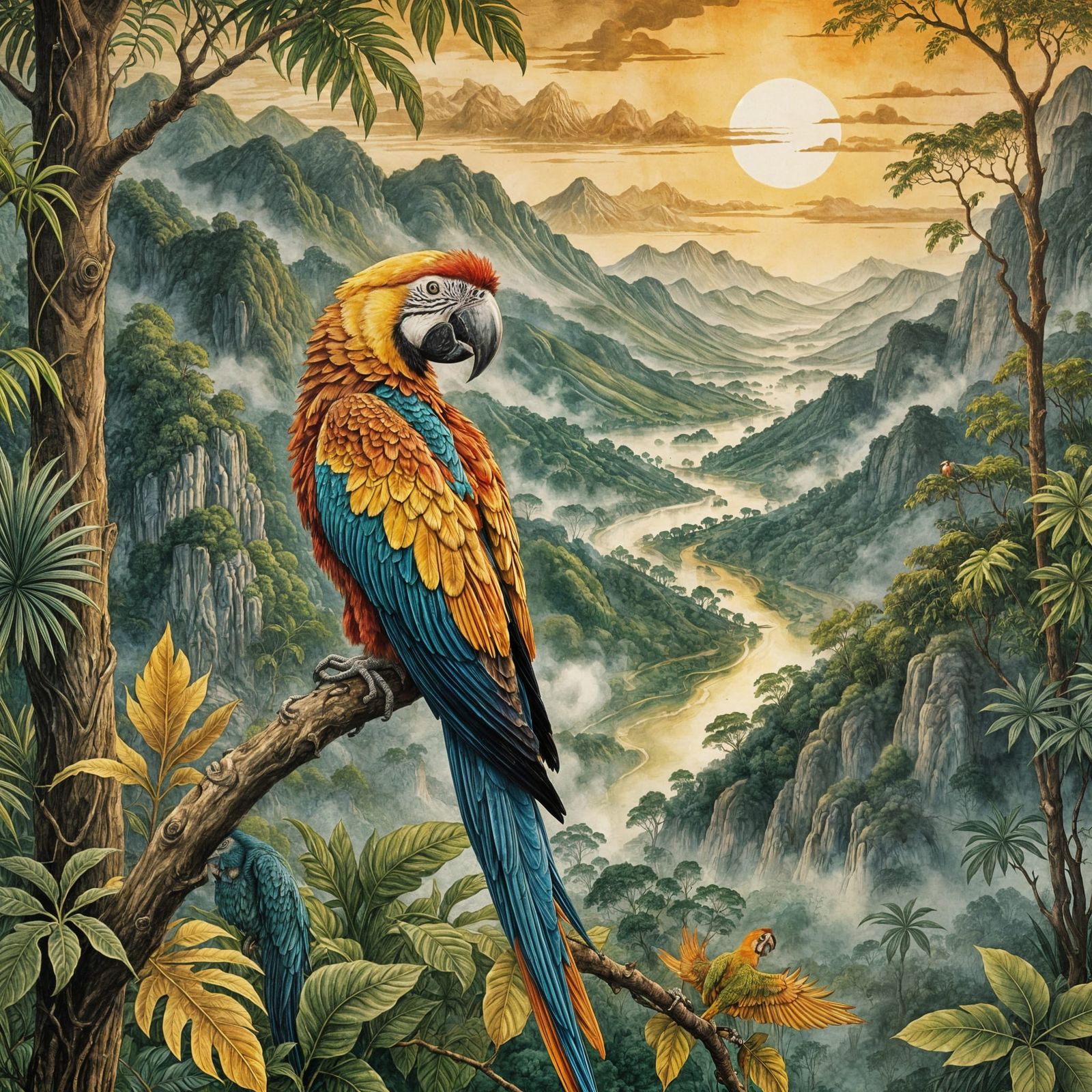 Macaw on Branch in Misty Jungle Mountains