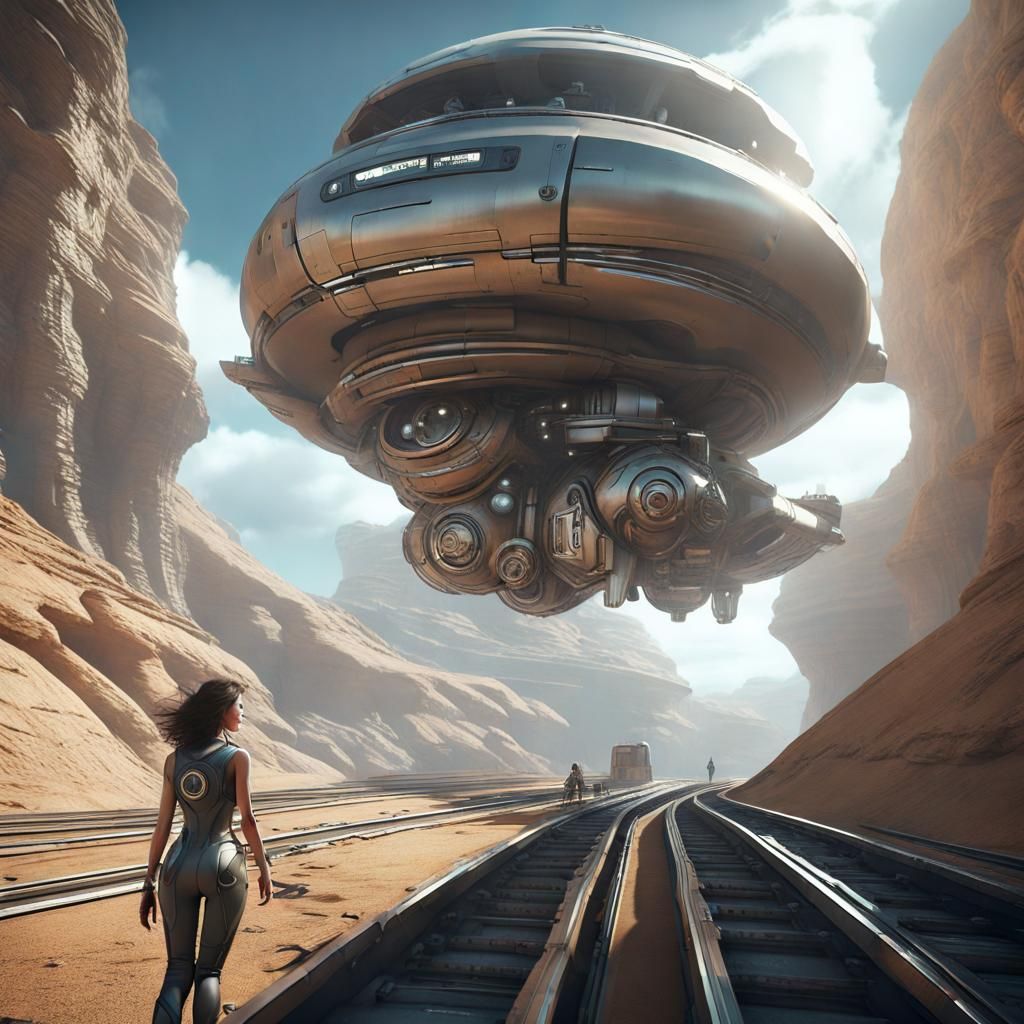 Brunette Traveler Arriving at Futuristic Canyon City