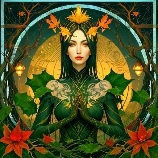 Vulnerable Goddess in an Enchanted Garden under Starry Skies