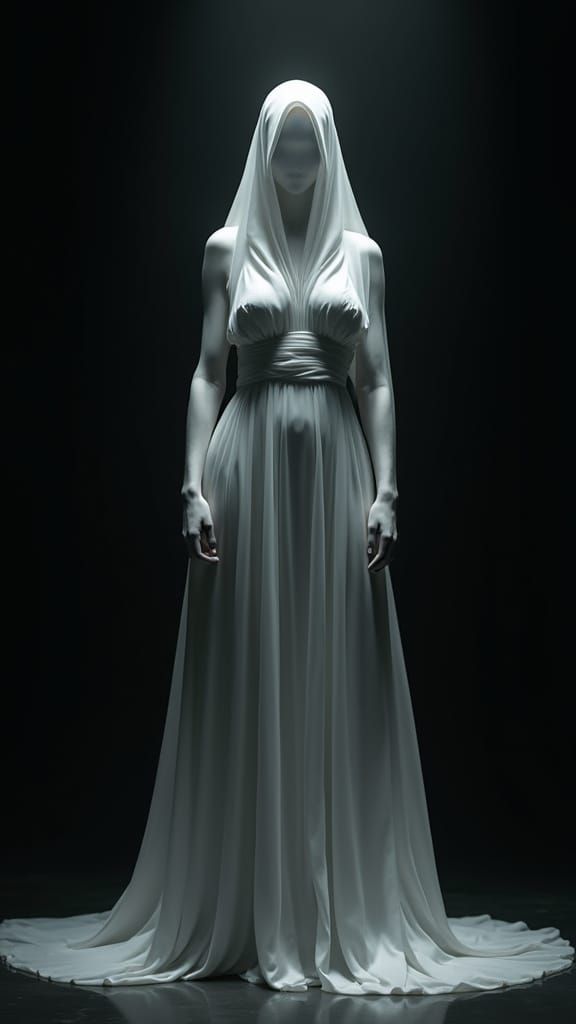 Ghostly Veiled Woman in Ethereal White Gown