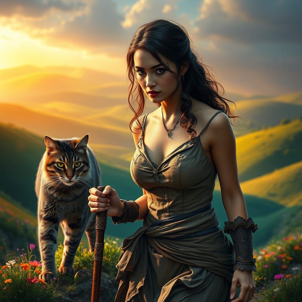 Enigmatic Woman Embarks on Quest with Majestic Feline Compan...