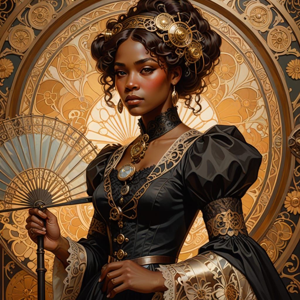 Steampunk Victorian Woman with Fan in Golden Light