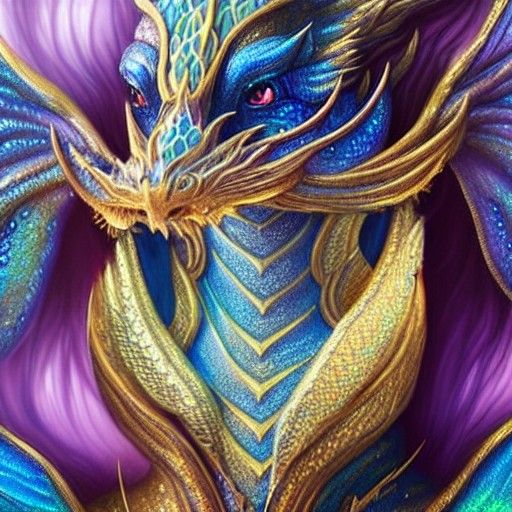 Blue and Gold Dragon Goddess in Fantasy Art Style