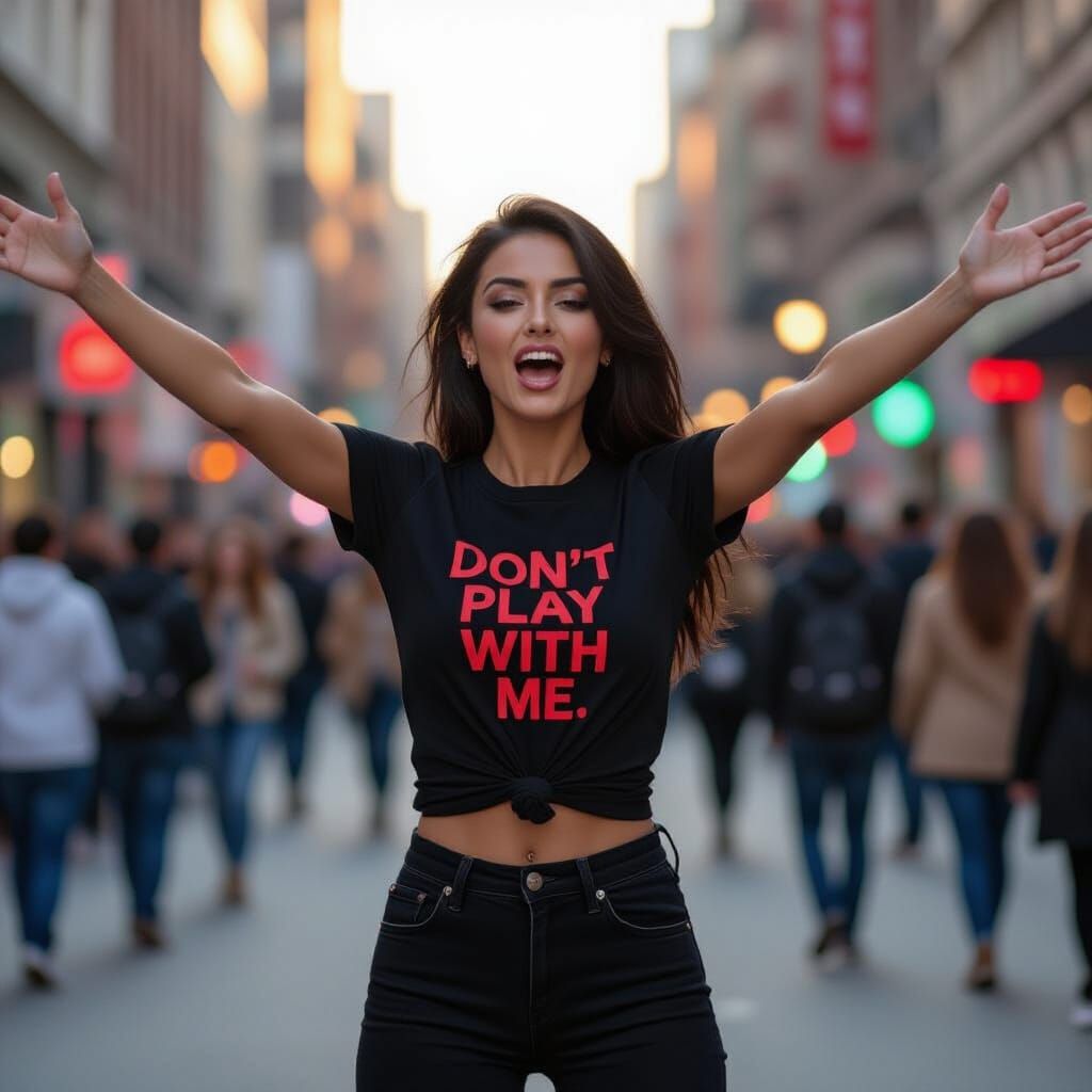 Woman in City at Dusk with Arms Open
