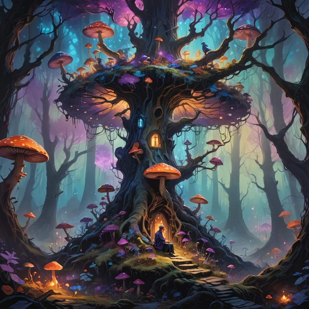 Mushroom Throne in Dying Magical Forest: Fantasy Oil Paintin...
