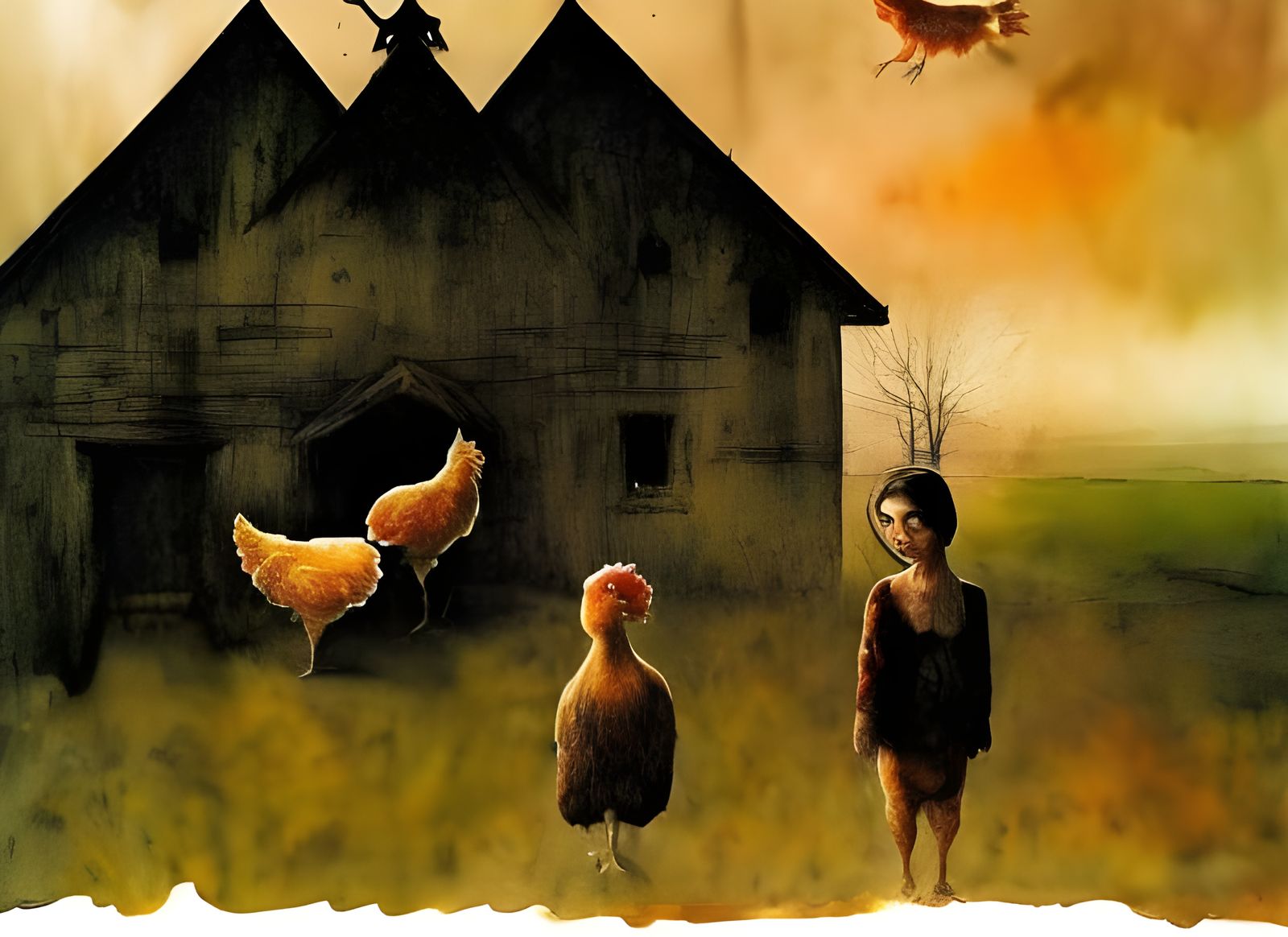 Sinister Chicken People in Neo-Impressionist Landscape