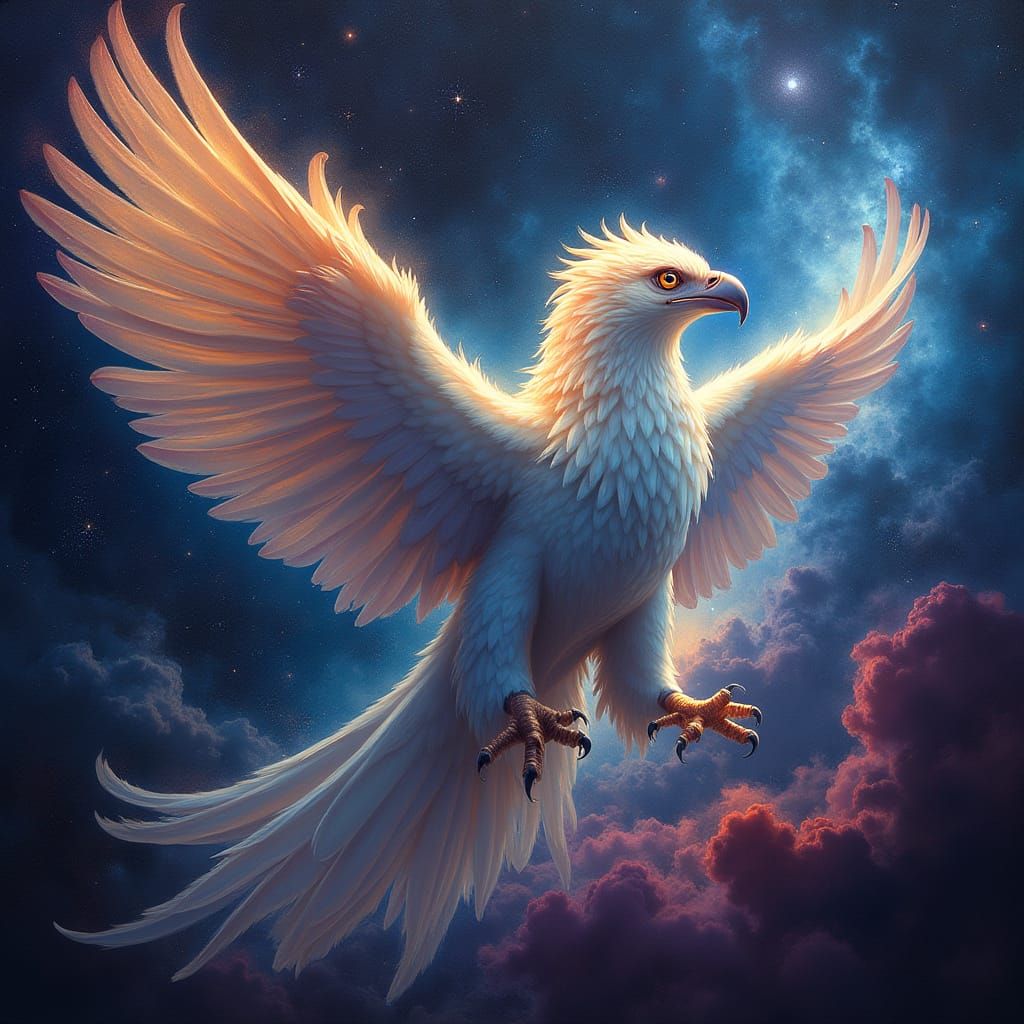 Majestic Griffin Soars Through Vibrant Nebula in Cosmic Rena...