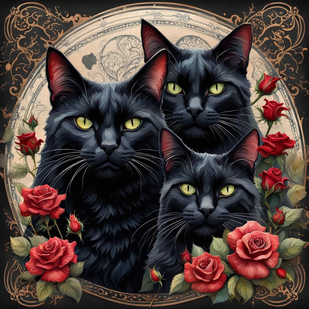 Smiling Black Cats with Roses: Fantasy Art