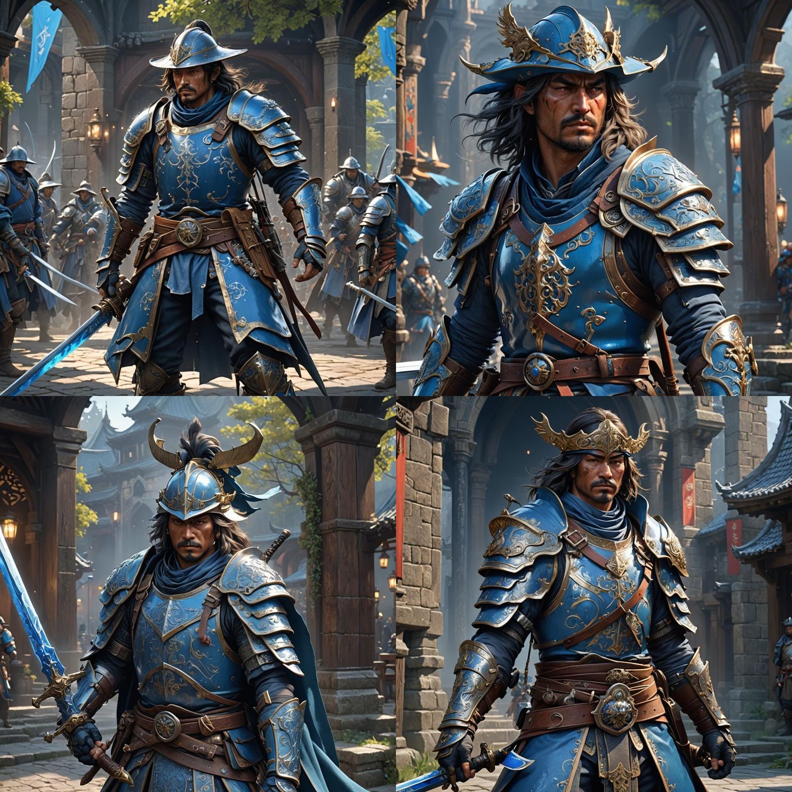 Azure Armored Samurai-Musketeer Fusion in Dark Fantasy Style