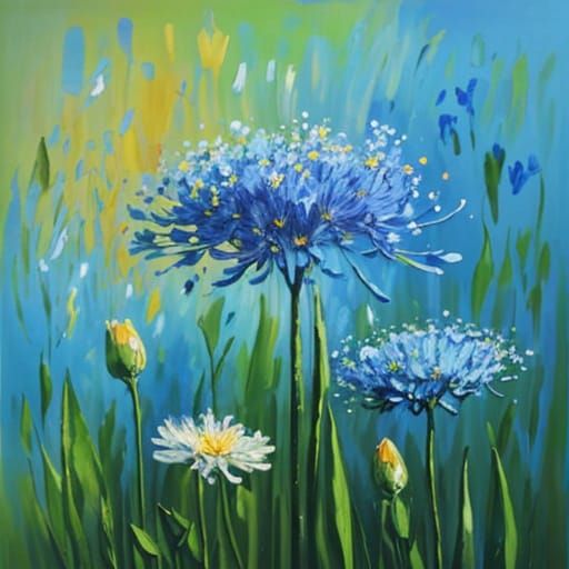 Vibrant Neo-Impressionist Oil Painting of Blue Flowers