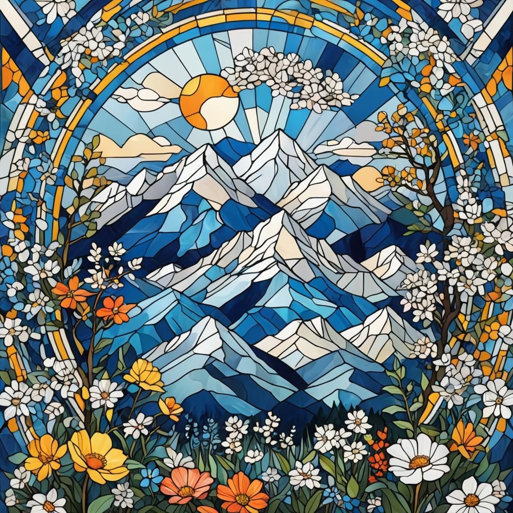 Majestic Mountains in Stained Glass Pop Art