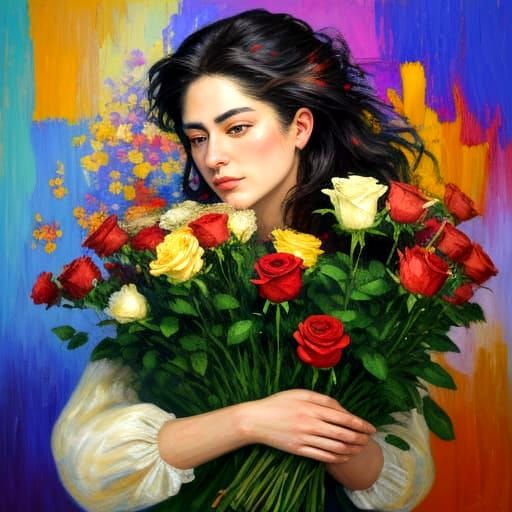 Woman in Floral Bloom, Neo-Impressionist Oil Painting