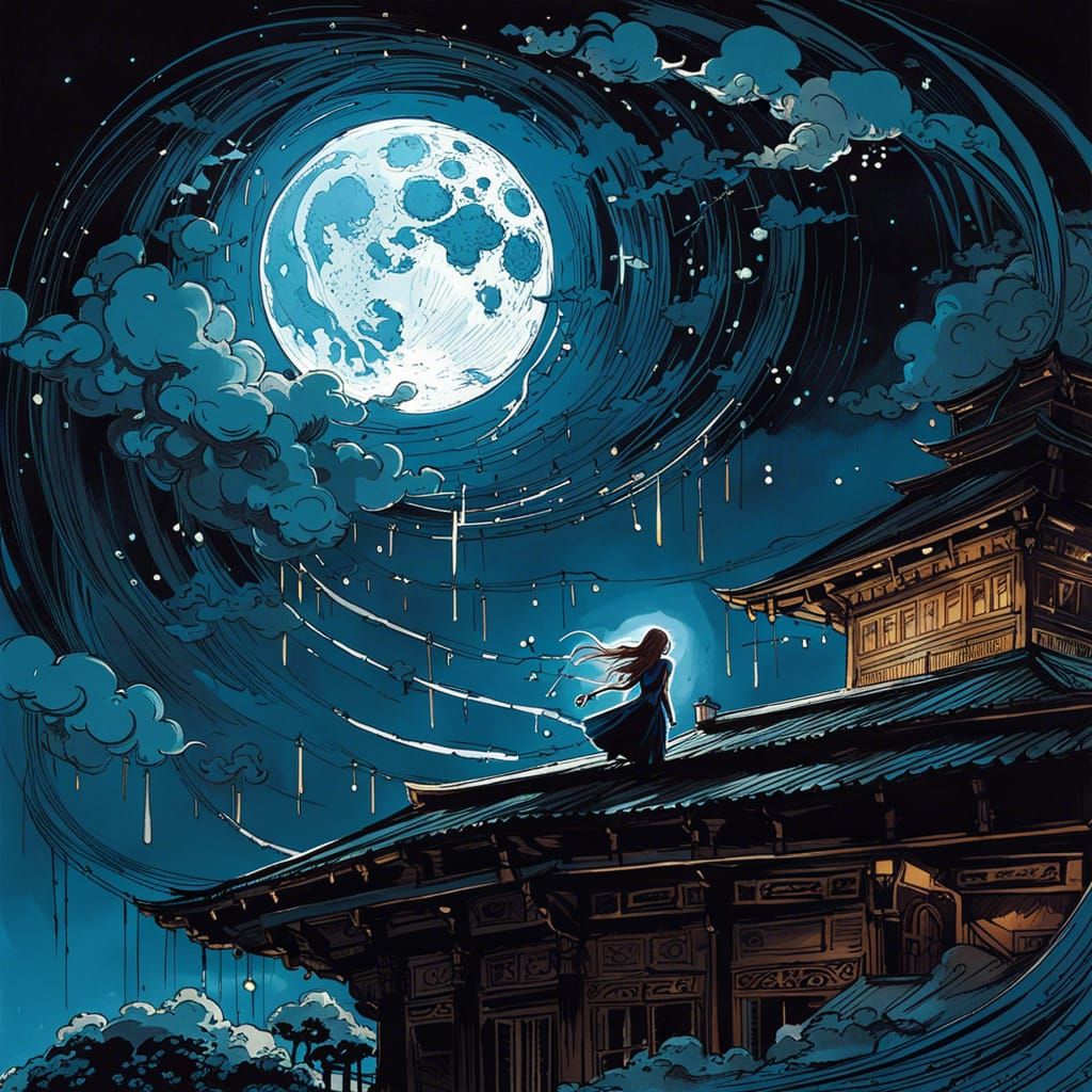 Lightning Storm Illuminates Moon, Art Nouveau Style