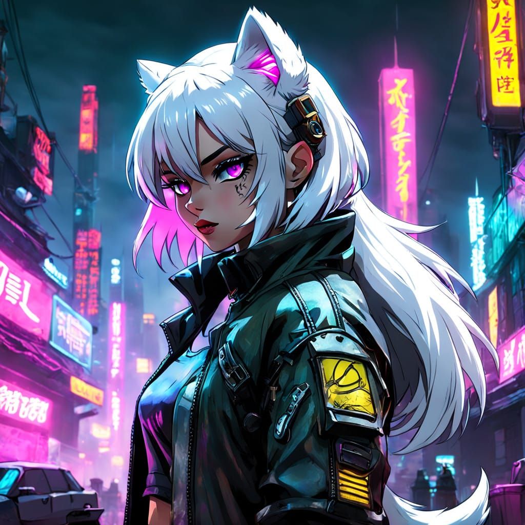 Cyberpunk Catgirl in Neon Shadows