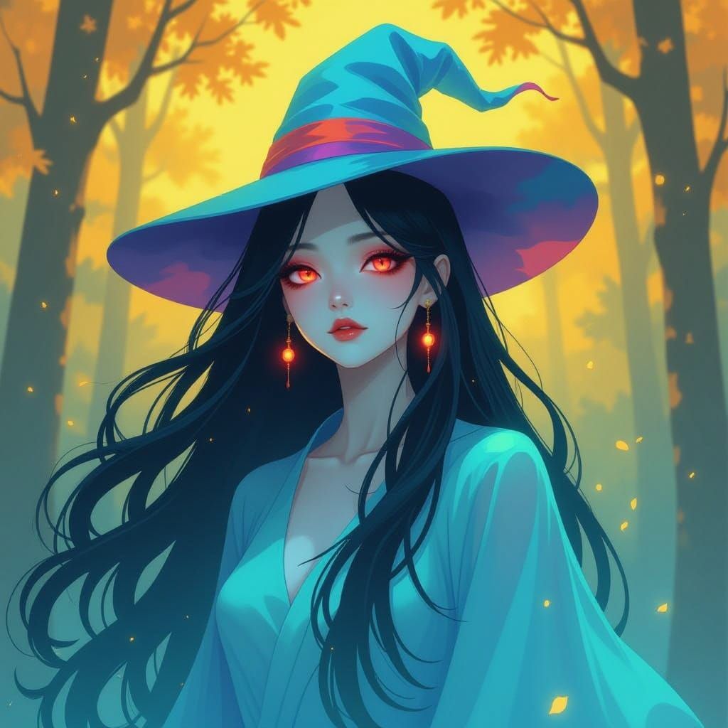 Ethereal Blue Ghost Woman with Colorful Hat