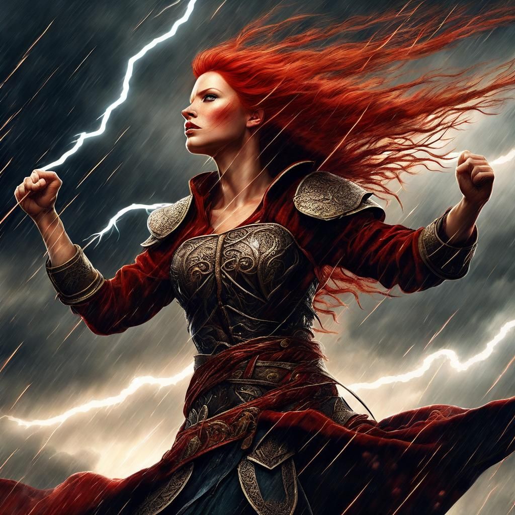 Warrior Woman Absorbing Storm Energy