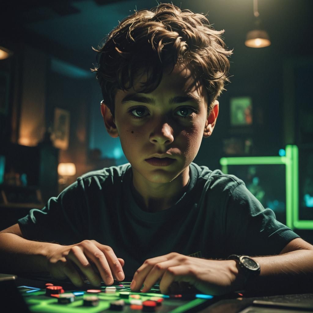 Boy in Cinematic Film Noir Moment with Neon Glow