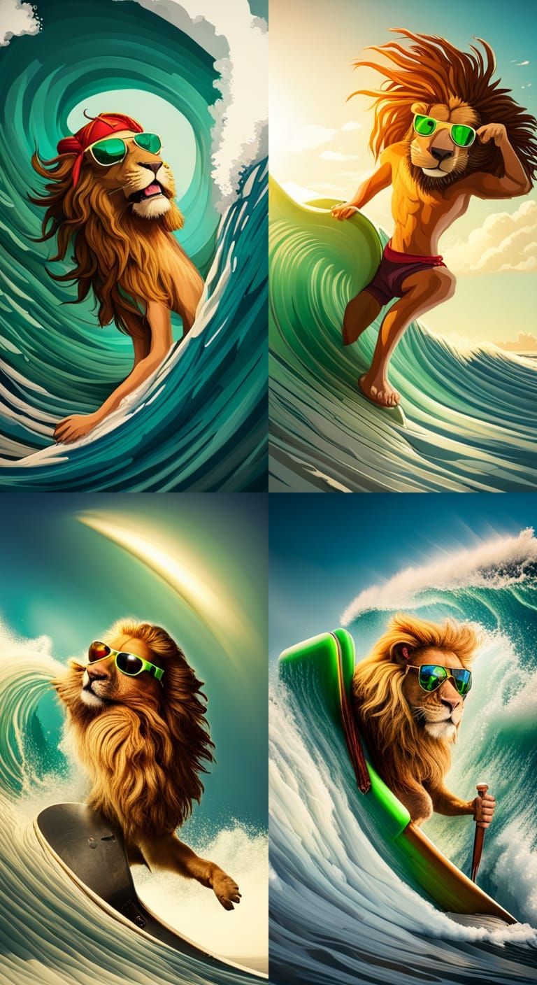Rasta Lion Surfing Head High Waves