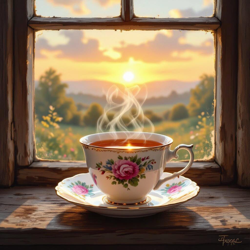 Cozy Sunrise Tea Cup in Luminist Style