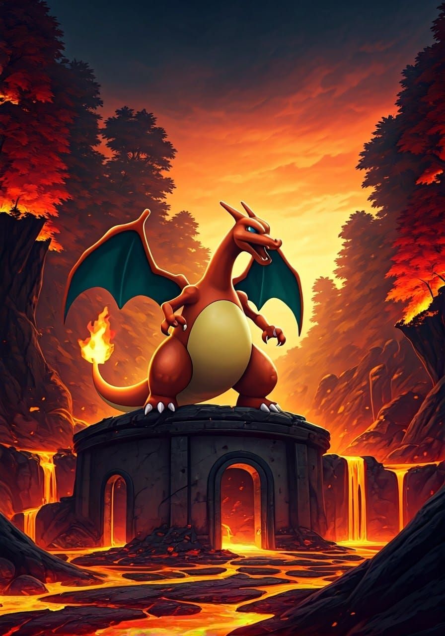 Majestic Charizard Dominates Ruined Pokémon Gym in Golden Fl...