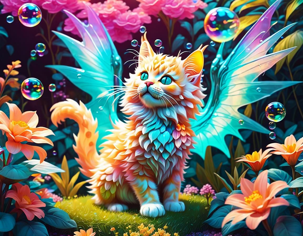 Ginger and Teal Cat-Dragon Playing in Prismatic Garden