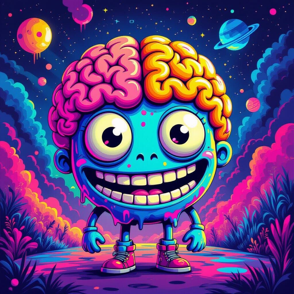 Surreal Goofy Character with Melting Brain and Neon Psychede...