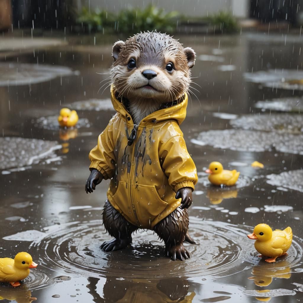 Chibi Otter in Duck Onesie Plays in Rain