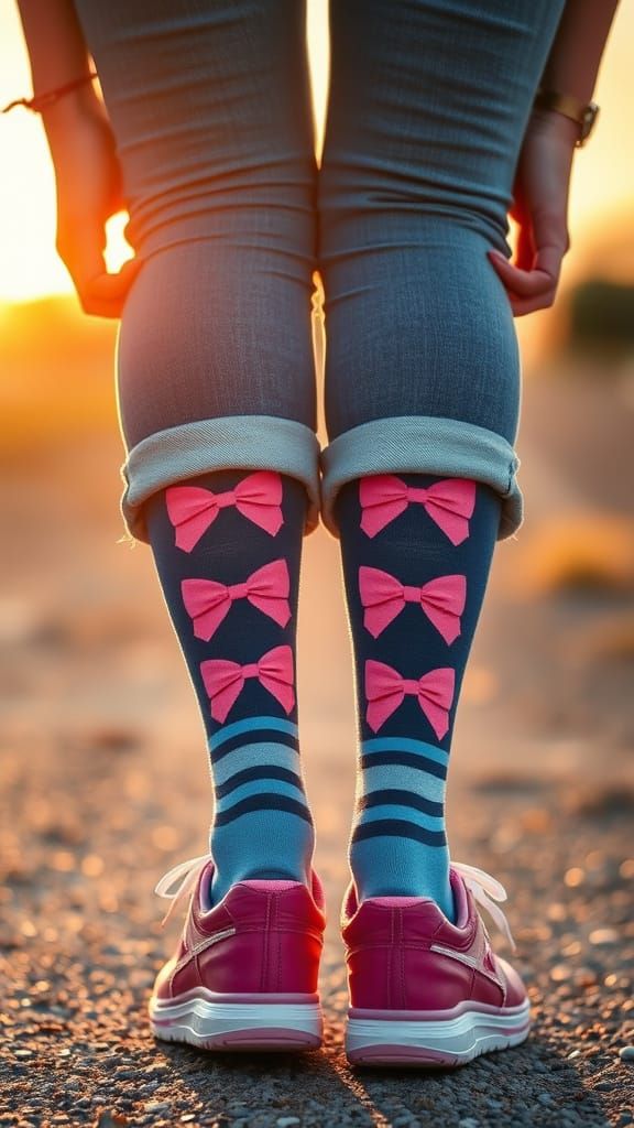 Striped Socks and Pink Bows in Golden Hour Light