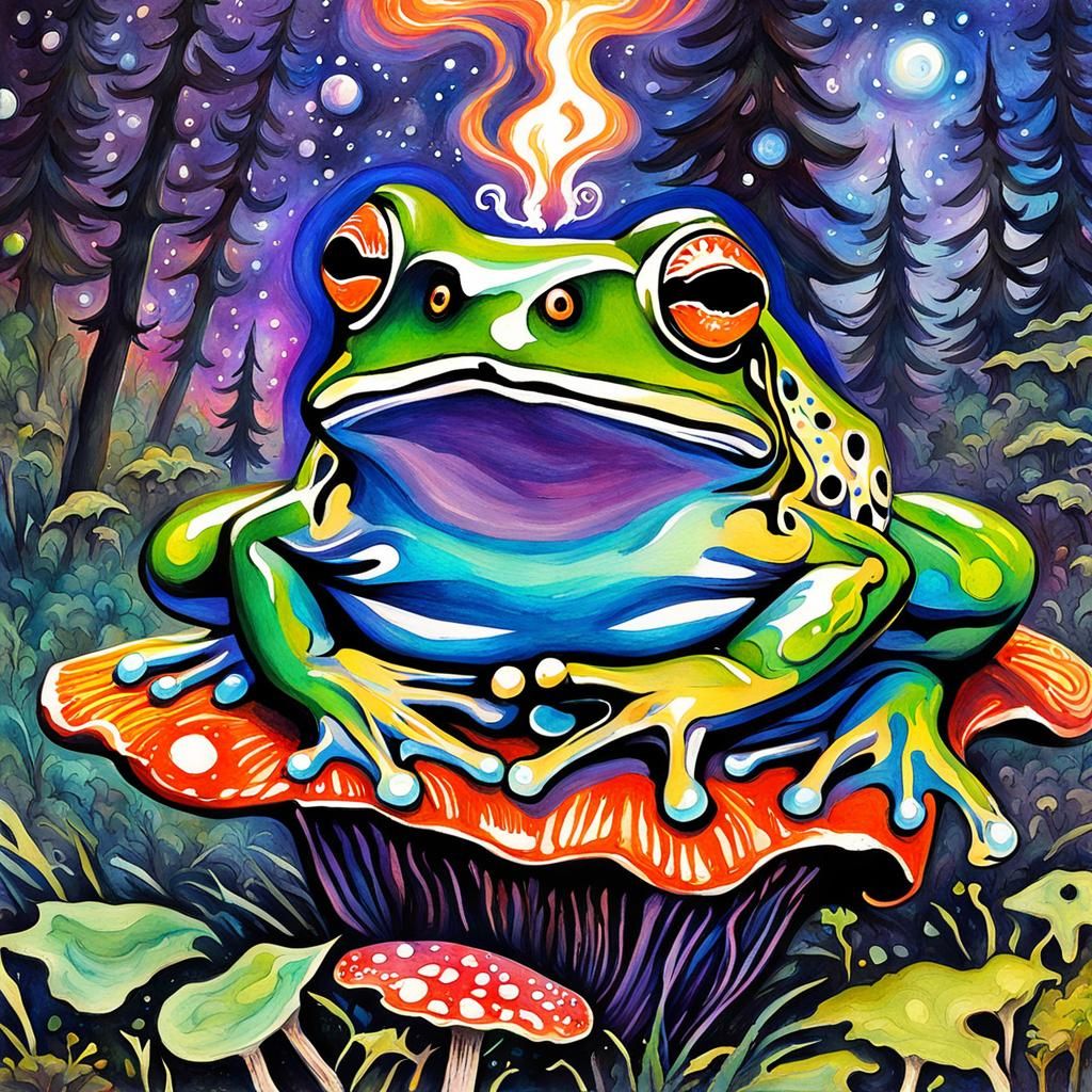 Anthropomorphic Frog Smoking in a Cosmic Forest