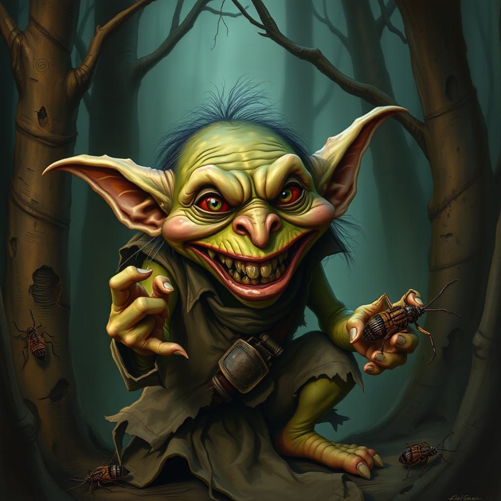 Goblin's Bug Feast: A Whimsical Dark Fantasy