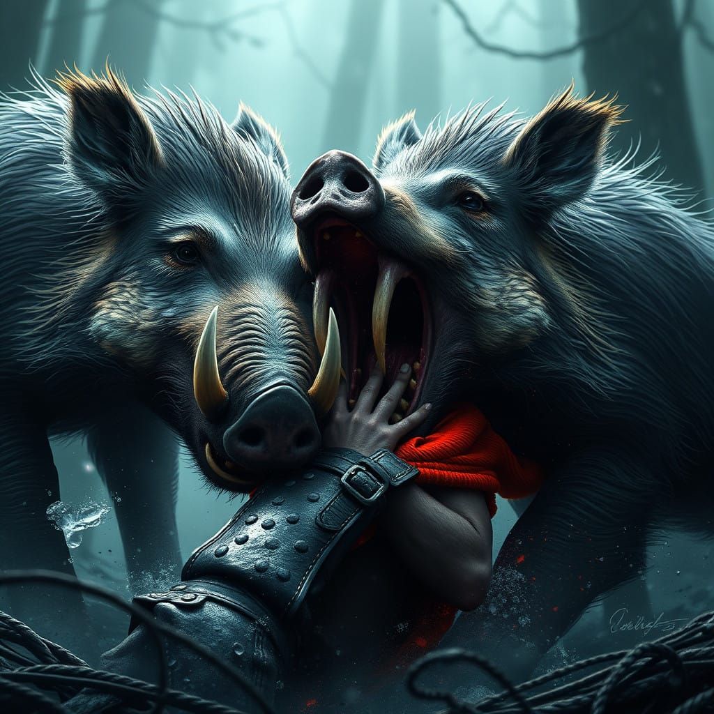 Fantastical Wild Boars Devour a Hero in a Vivid Fantasy Real...