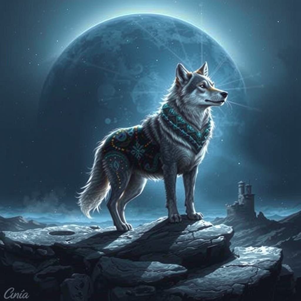 Wolf Howling at Holographic Moon in Mixed Media Style
