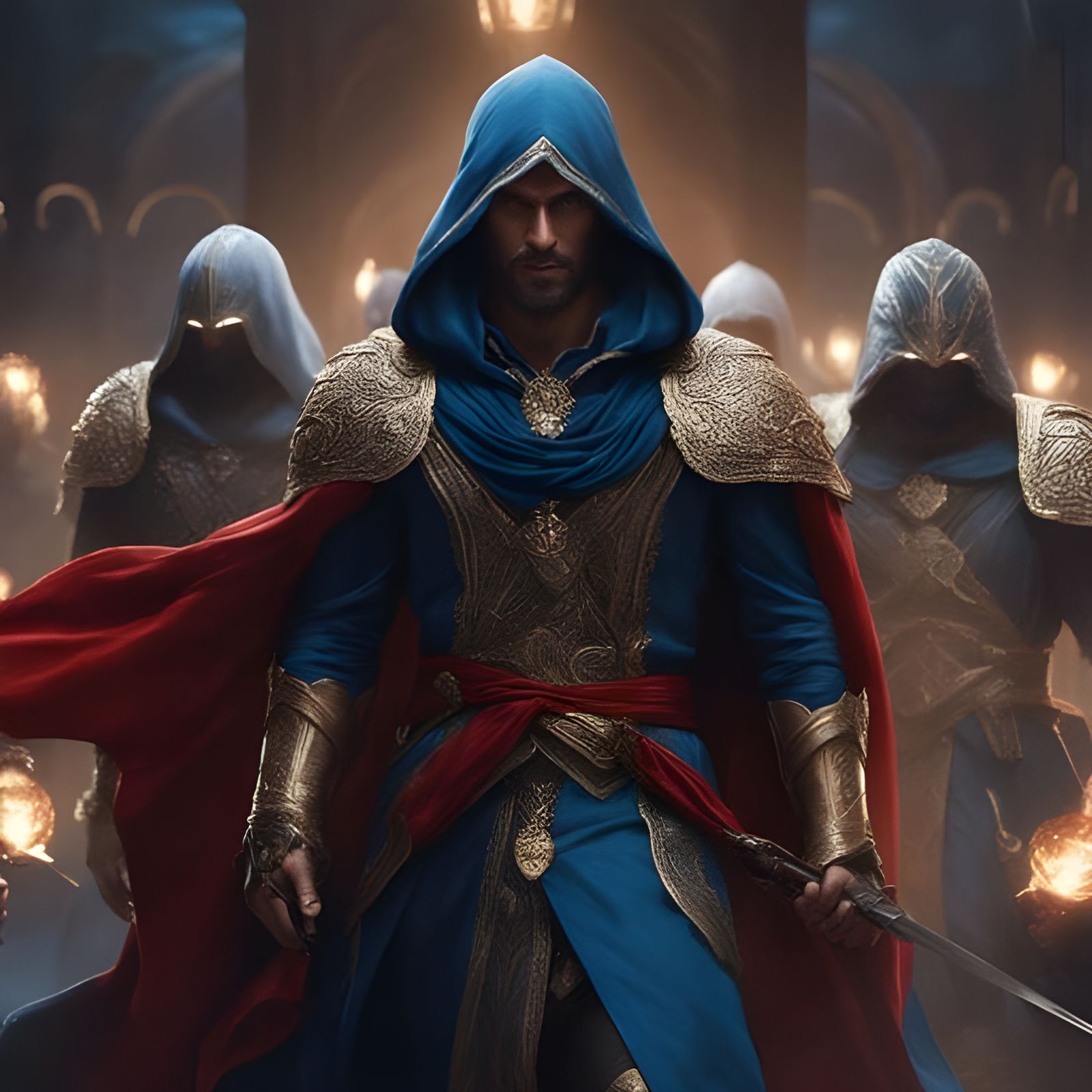 Hooded Syrian Commander with Warriors in Red and Gold