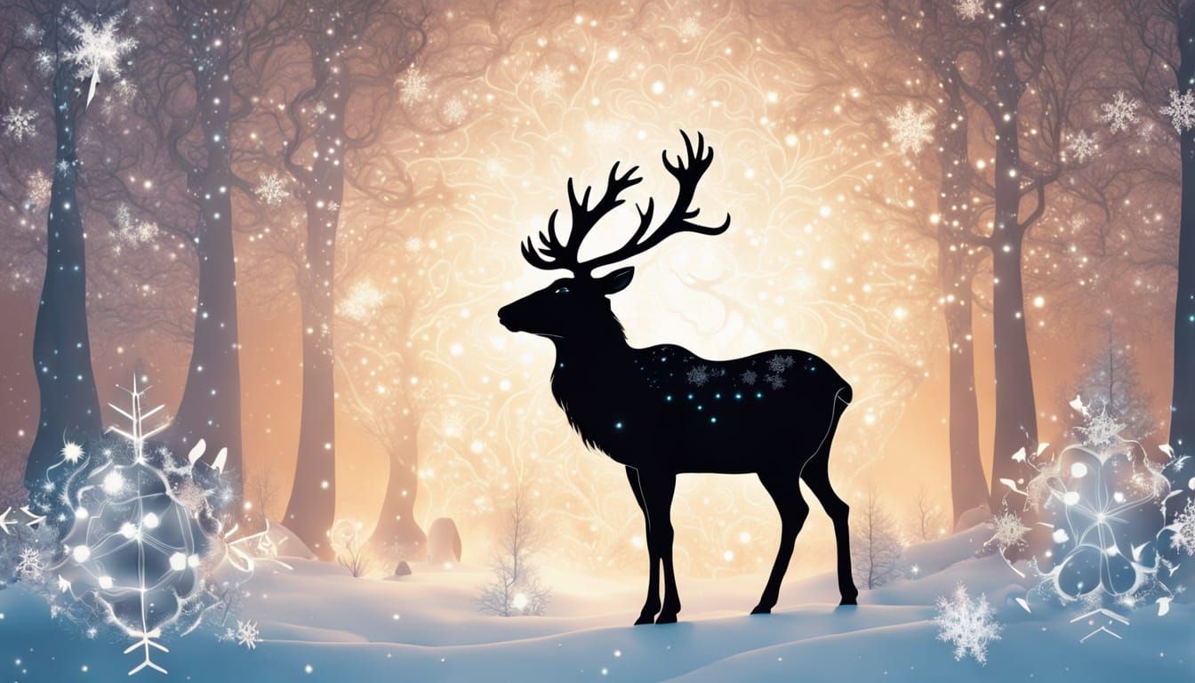 Celestial Reindeer in Whimsical Winter Landscape