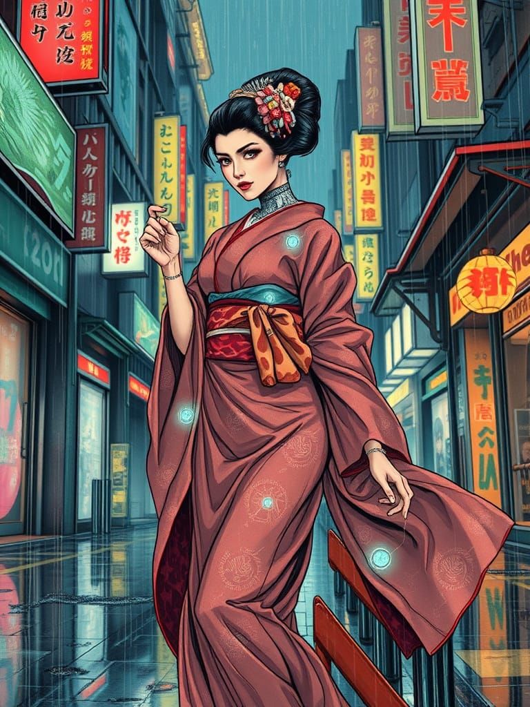 Cyberpunk Geisha Navigating Neon Tokyo Street
