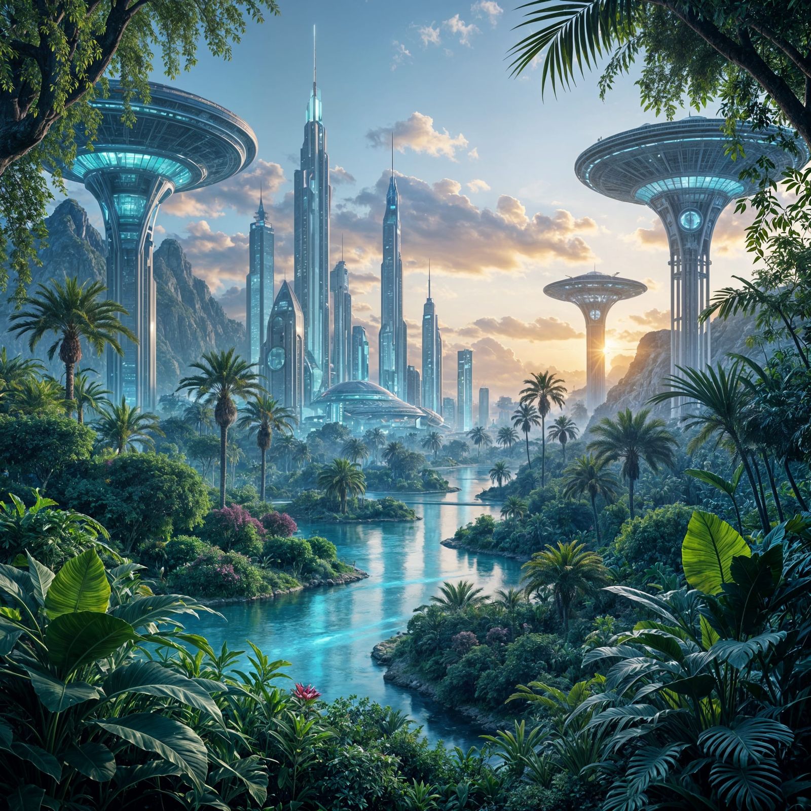 Lush Kingdom with Futuristic Elements at Dusk