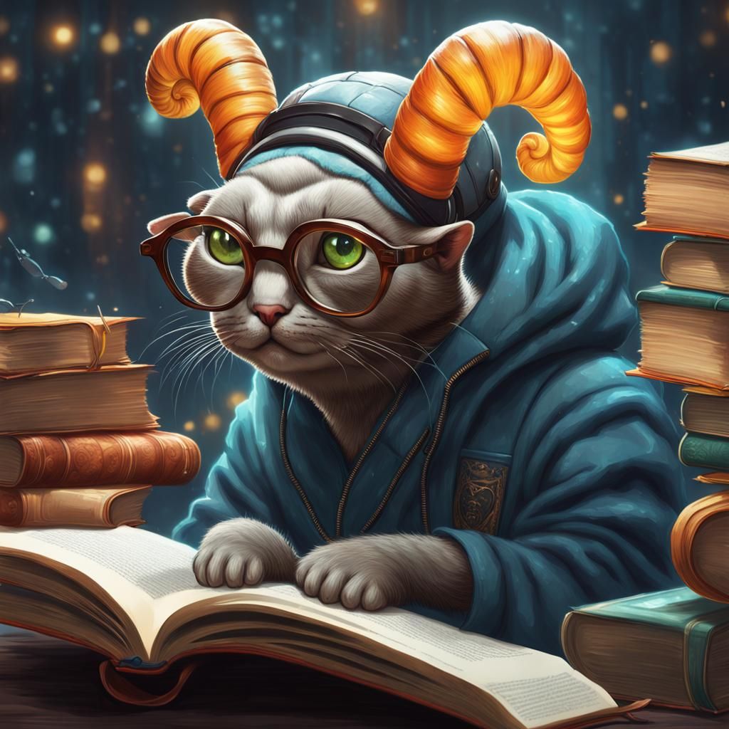 Cat-Faced Snail Reading, Detailed Digital Art
