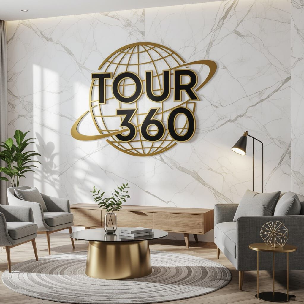 3D "TOUR 360" Logo with Globe on Marble Wall