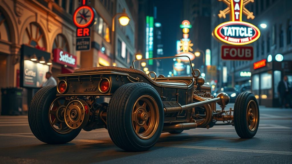 Steampunk Brass Hot Rod Convertible Under City Streetlights
