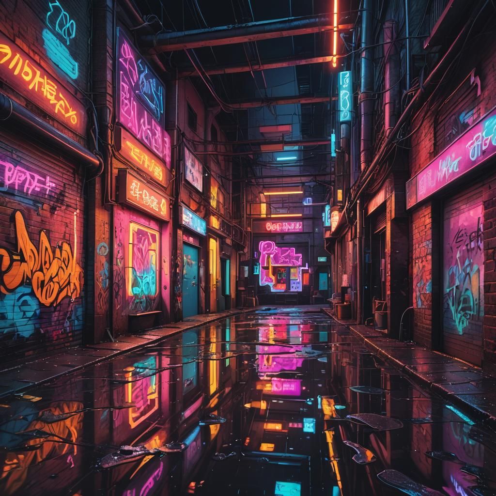 Neon-Drenched Futuristic Alleyway with Graffiti Art