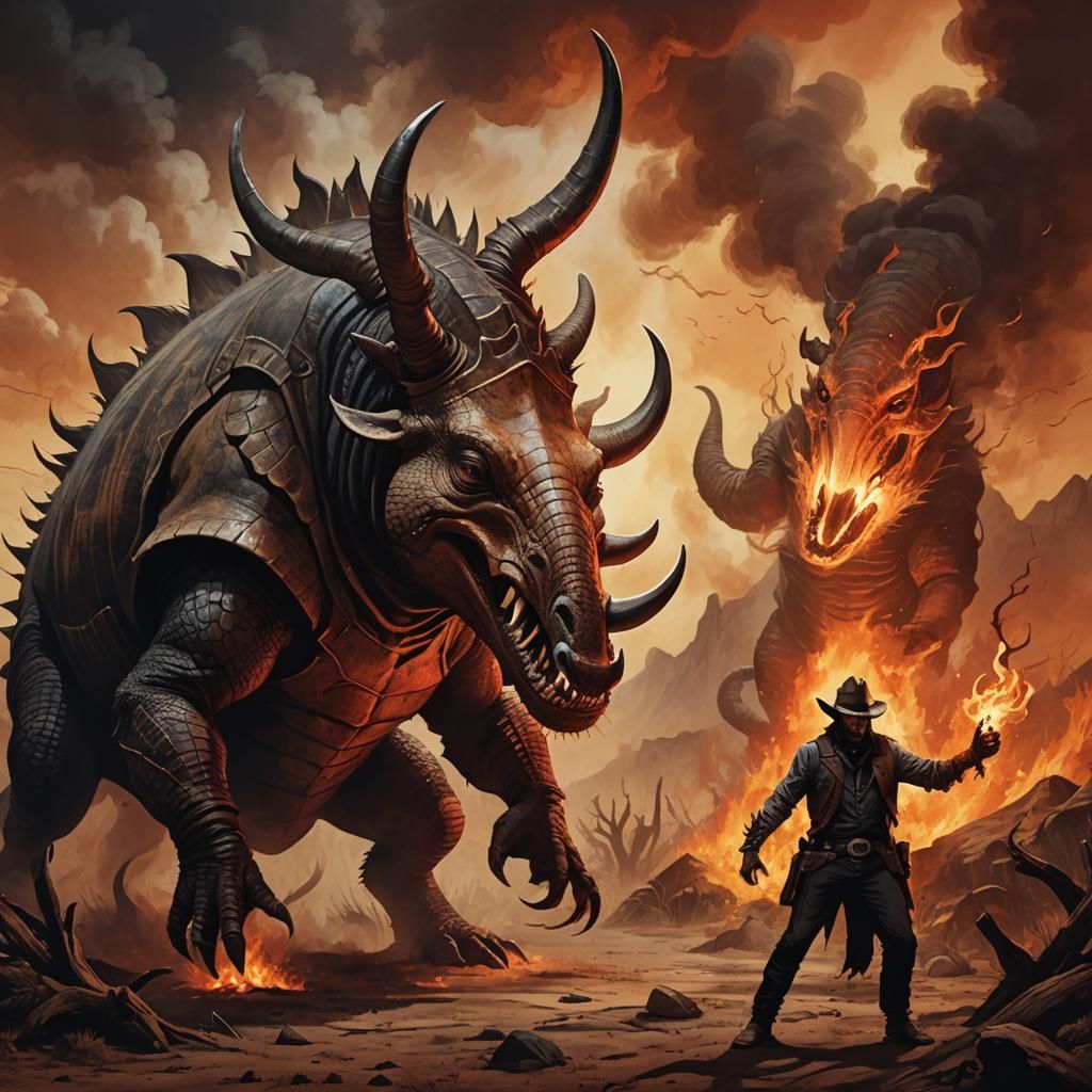 Demonic Armadillo Cowboy in Fiery Texas Landscape