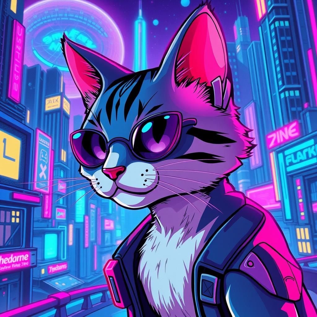 Neon Cyberpunk Cat Portrait in Futuristic Cityscape