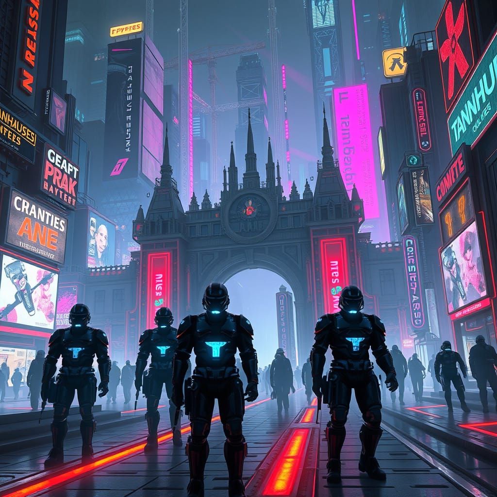 Cyberpunk Cityscape Under Siege by Debt Collectors