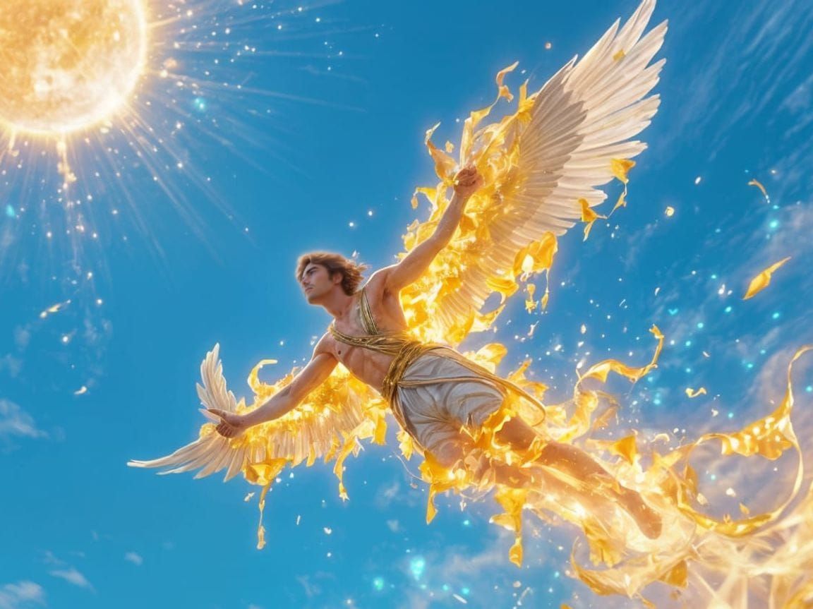 Icarus's Fiery Flight Melts Wax Wings in Azure Sky