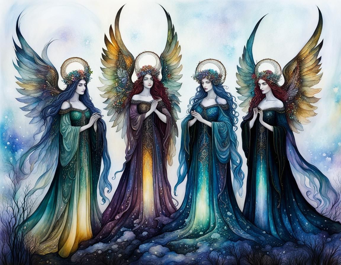 Whimsical Angels in Double Exposure, Watercolor Style