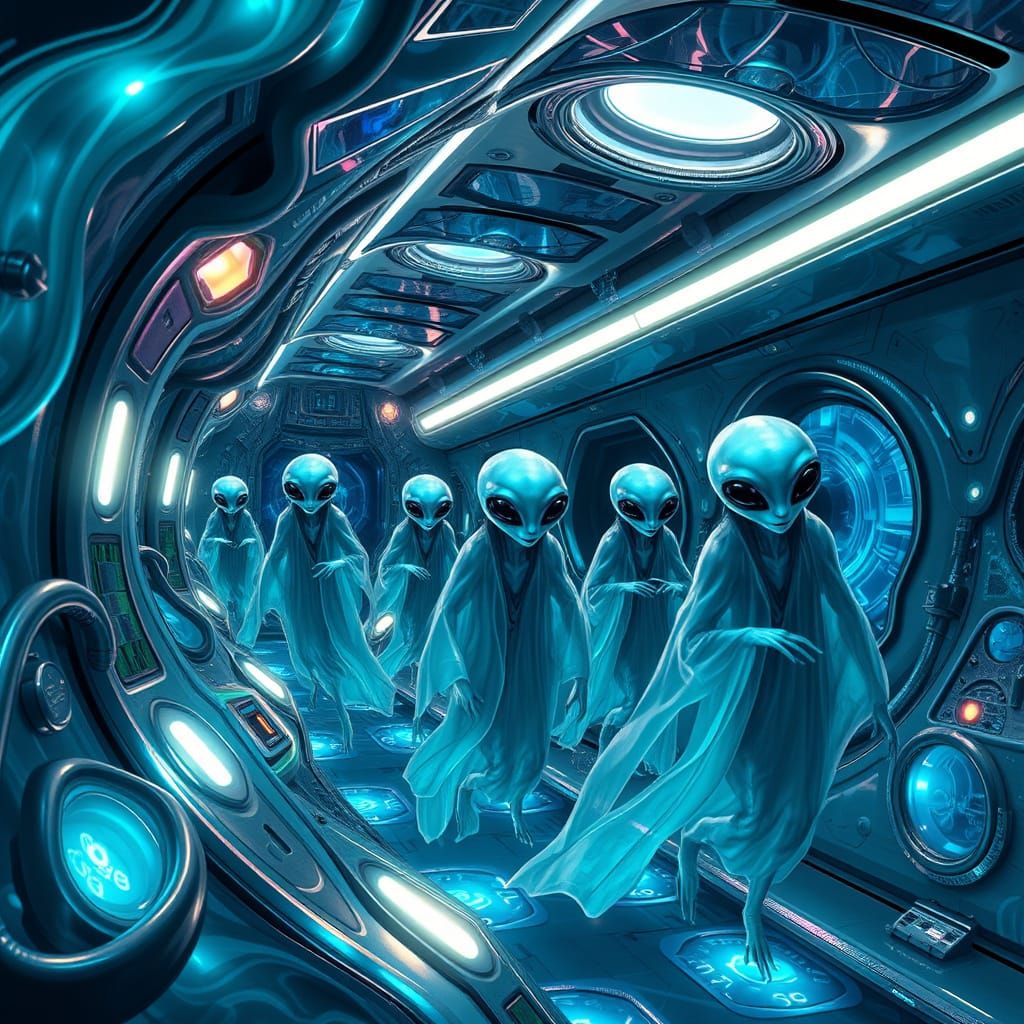 Amphibious Aliens Navigate Futuristic Spaceship