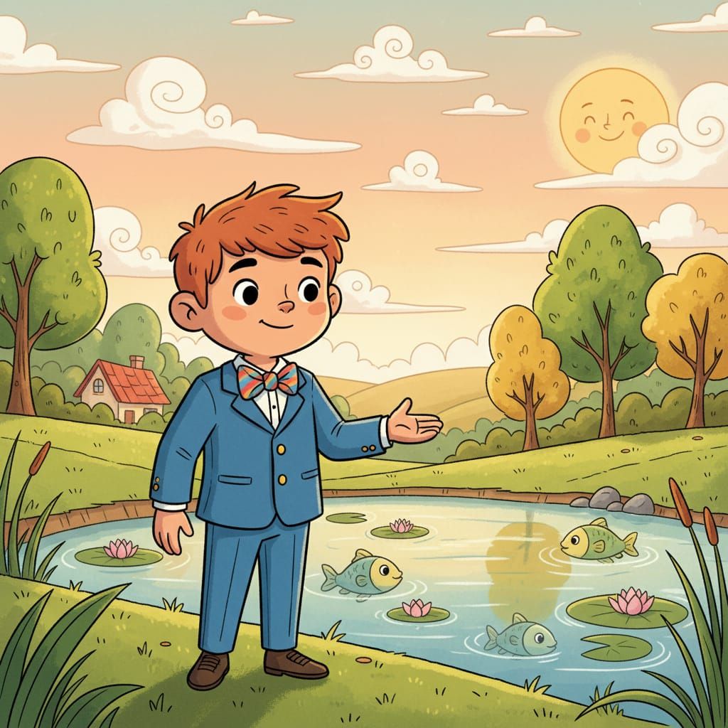 Anthropomorphic Boy in Blue Suit by Tranquil Pond