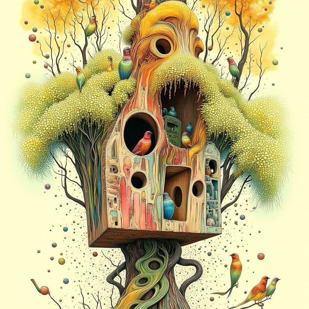 Surreal Human Tree-Person Birdhouse in Abstract Style
