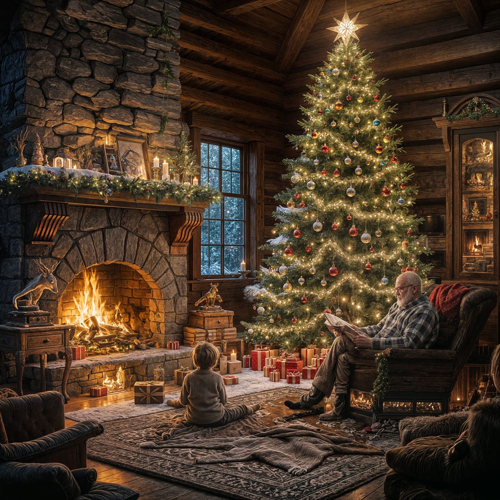 Cozy Winter Scene in a Rustic Log Cabin with Christmas Decor...